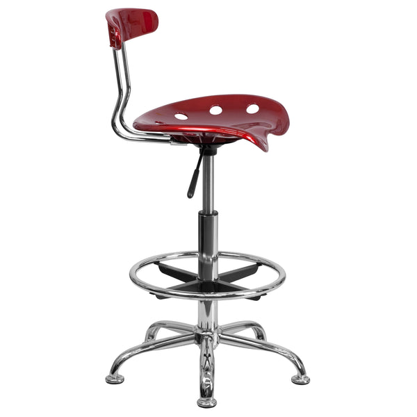 Wine Red |#| Vibrant Wine Red and Chrome Drafting Stool with Tractor Seat