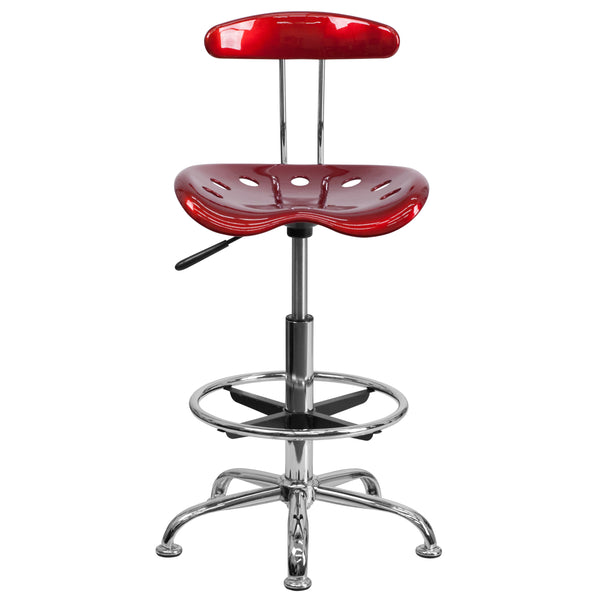 Wine Red |#| Vibrant Wine Red and Chrome Drafting Stool with Tractor Seat