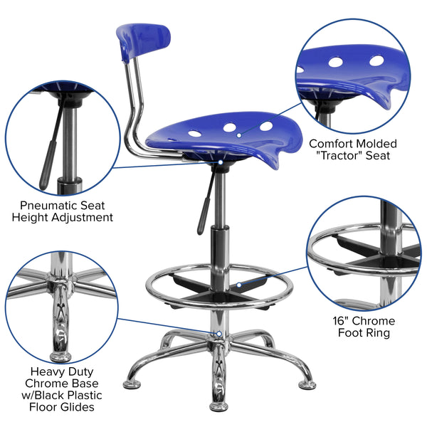 Nautical Blue |#| Vibrant Nautical Blue and Chrome Drafting Stool with Tractor Seat