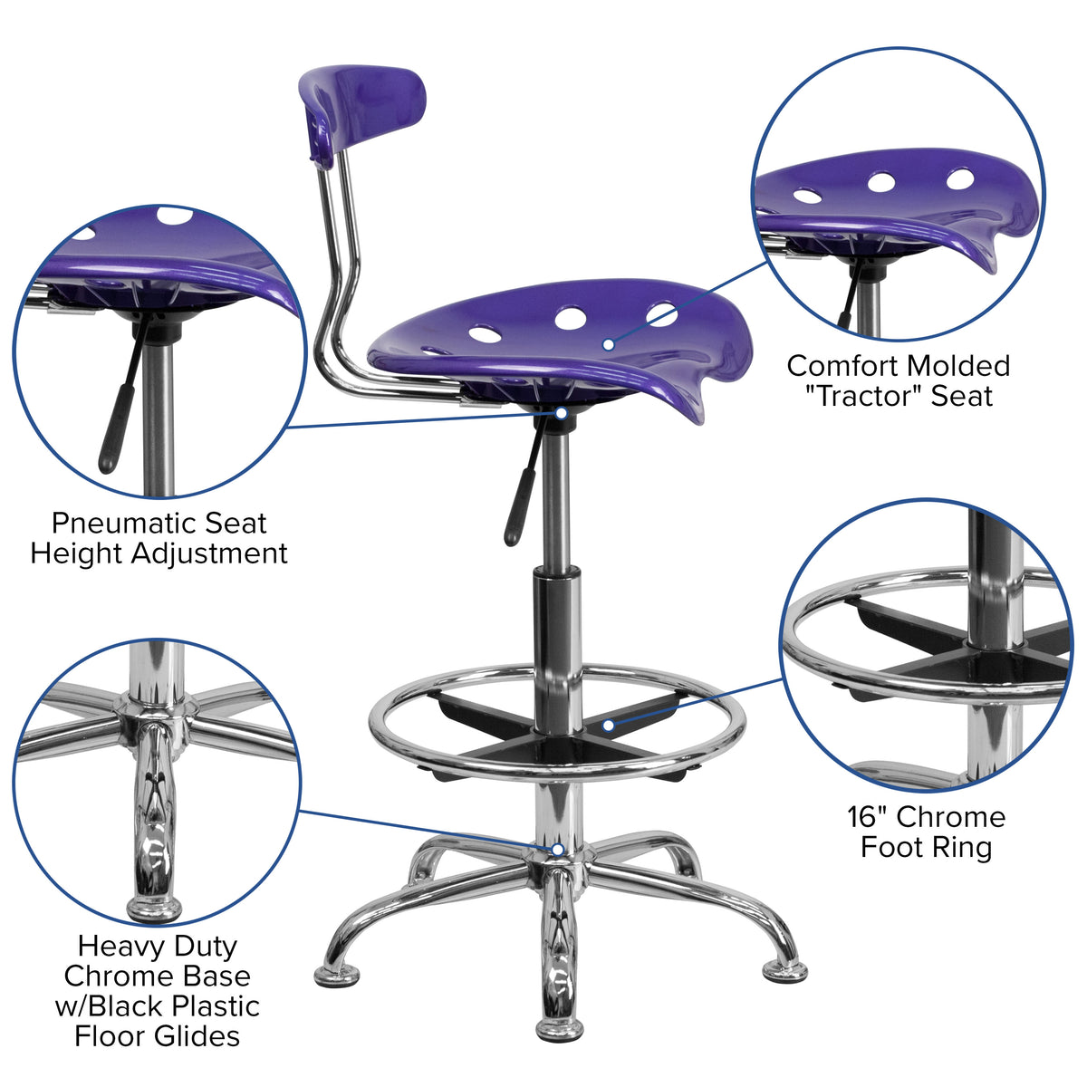 Violet |#| Vibrant Violet and Chrome Drafting Stool with Tractor Seat