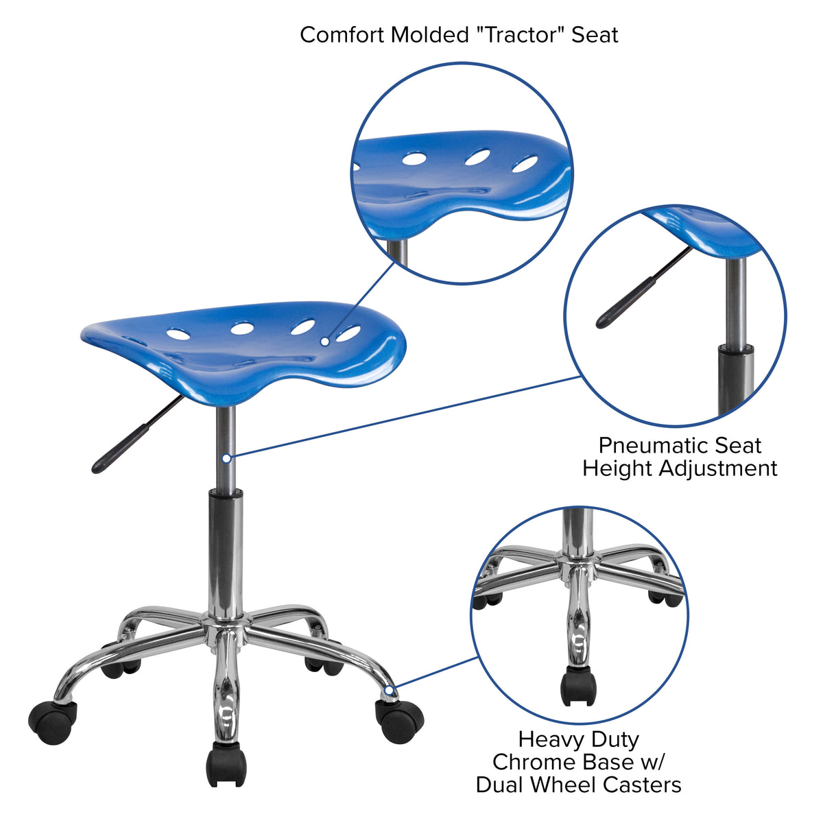 Bright Blue |#| Vibrant Bright Blue Tractor Seat and Chrome Stool - Drafting & Office Stools