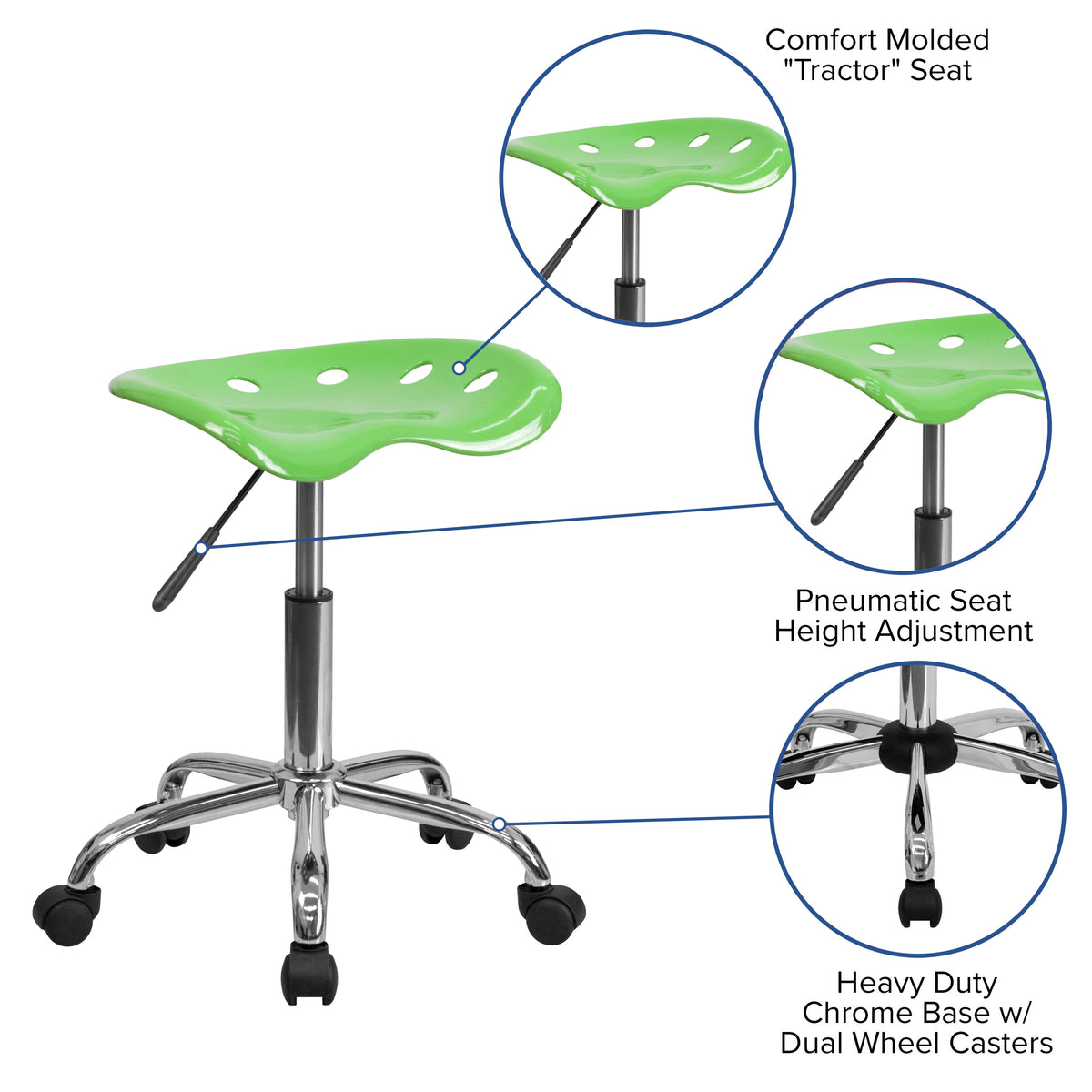 Apple Green |#| Vibrant Apple Green Tractor Seat and Chrome Stool - Drafting & Office Stools