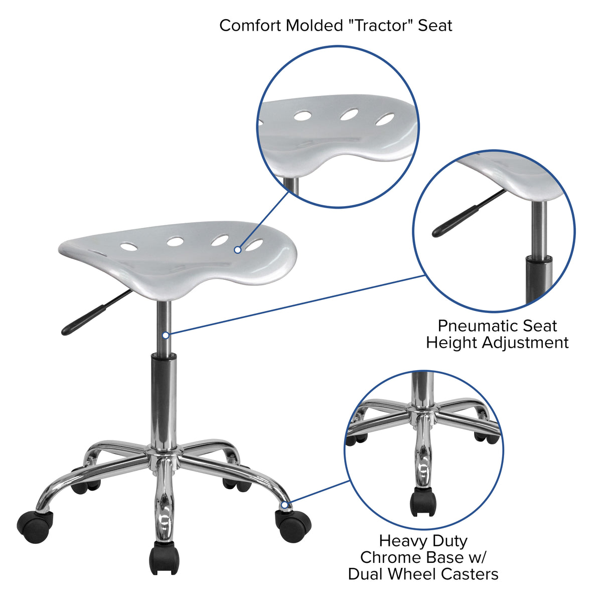 Silver |#| Vibrant Silver Tractor Seat and Chrome Stool - Drafting & Office Stools