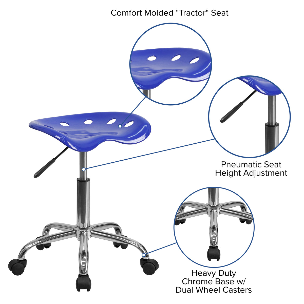 Nautical Blue |#| Vibrant Nautical Blue Tractor Seat and Chrome Stool - Drafting & Office Stools