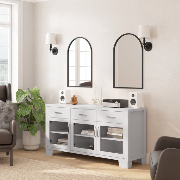 White |#| 59" Engineered Wood Buffet Sideboard Storage Cabinet w/ 3 Drawers, Doors in Wht