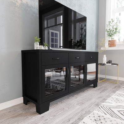 Wells Modern Kitchen and Dining Room Buffet Sideboard Storage Cabinet, Engineered Wood with 3 Tempered Glass Doors and 3 Drawers - View 2
