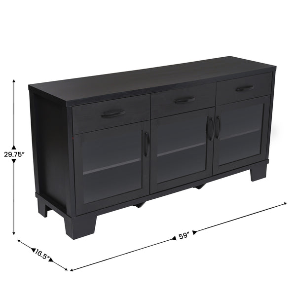 Black |#| 59" Engineered Wood Buffet Sideboard Storage Cabinet w/ 3 Drawers, Doors in Blk
