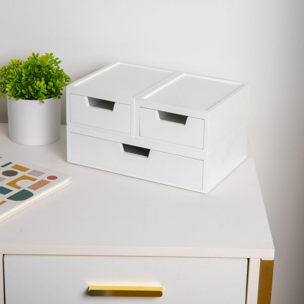 White |#| Set of 3 Engineered Wood Storage Boxes with Pullout Drawers in White