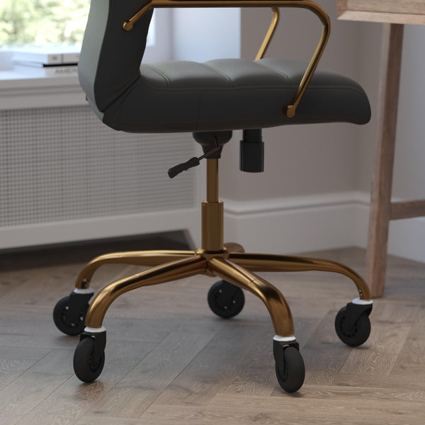 Black LeatherSoft/Gold Frame |#| Executive Chair with Gold Frame & Arms on Skate Wheels - Black LeatherSoft