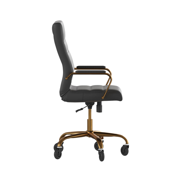 Black LeatherSoft/Gold Frame |#| Executive Chair with Gold Frame & Arms on Skate Wheels - Black LeatherSoft