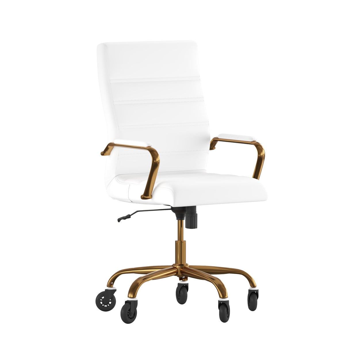 White LeatherSoft/Gold Frame |#| Executive Chair with Gold Frame & Arms on Skate Wheels - White LeatherSoft