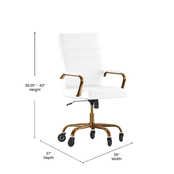 White LeatherSoft/Gold Frame |#| Executive Chair with Gold Frame & Arms on Skate Wheels - White LeatherSoft