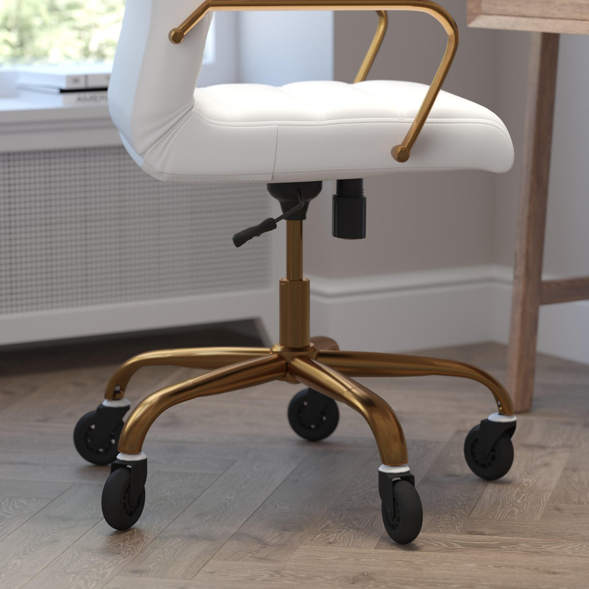 White LeatherSoft/Gold Frame |#| Executive Chair with Gold Frame & Arms on Skate Wheels - White LeatherSoft