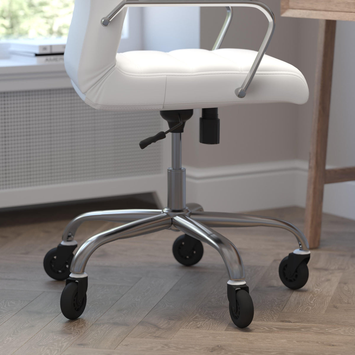 White LeatherSoft/Chrome Frame |#| Executive Chair with Chrome Frame & Arms on Skate Wheels - White LeatherSoft