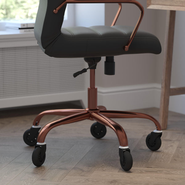 Black LeatherSoft/Rose Gold Frame |#| Executive Chair with Rose Gold Frame & Arms on Skate Wheels - Black LeatherSoft