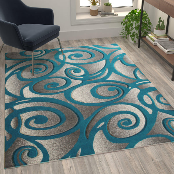 Turquoise,5' x 7' |#| Swirled High-Low Pile Sculpted Multipurpose Area Rug in Turquoise - 5' x 7'