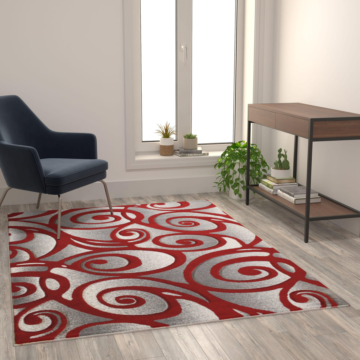 Red,5' x 7' |#| Swirled High-Low Pile Sculpted Multipurpose Area Rug in Red - 5' x 7'