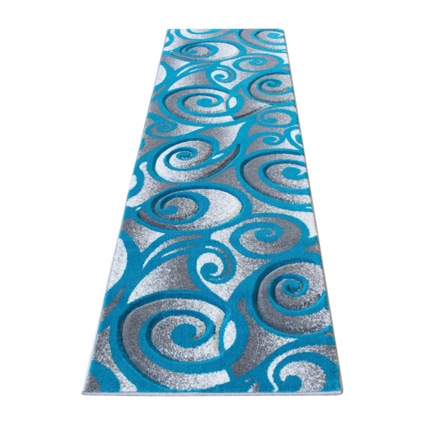 Turquoise,2' x 7' |#| Swirled High-Low Pile Sculpted Multipurpose Area Rug in Turquoise - 2' x 7'