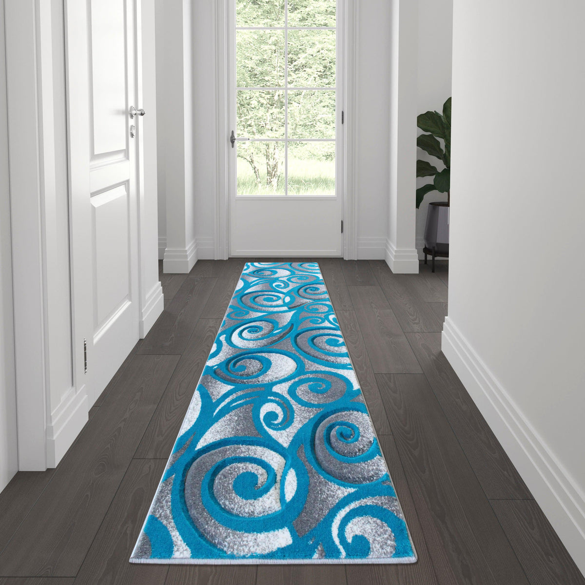 Turquoise,2' x 7' |#| Swirled High-Low Pile Sculpted Multipurpose Area Rug in Turquoise - 2' x 7'