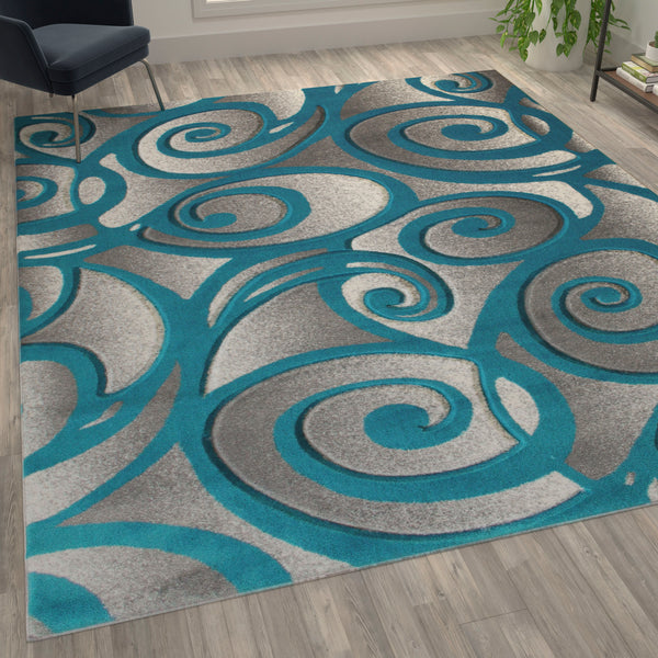 Turquoise,8' x 10' |#| Swirled High-Low Pile Sculpted Multipurpose Area Rug in Turquoise - 8' x 10'