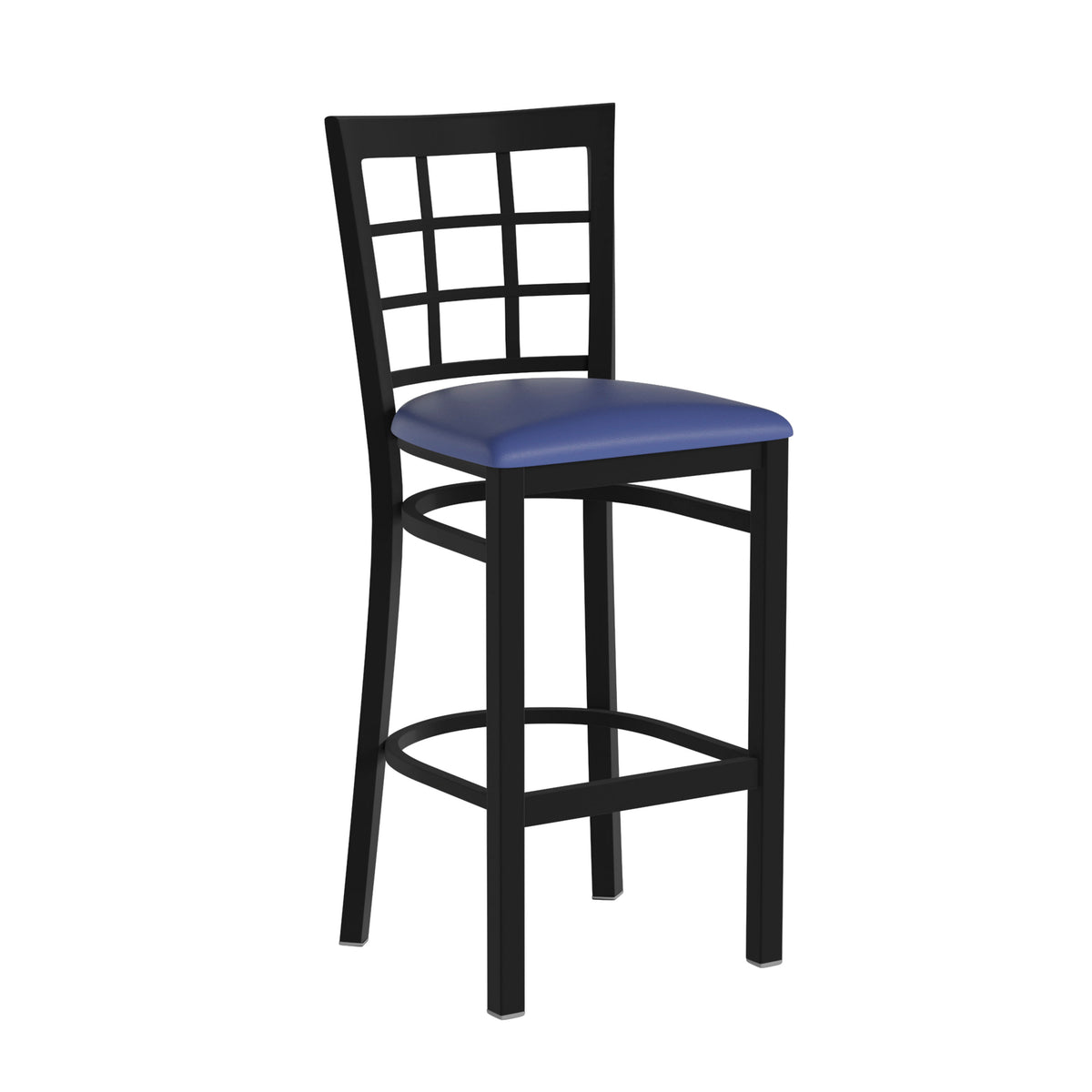 Blue Vinyl Seat/Black Metal Frame |#| Black Window Back Metal Restaurant Barstool - Blue Vinyl Seat
