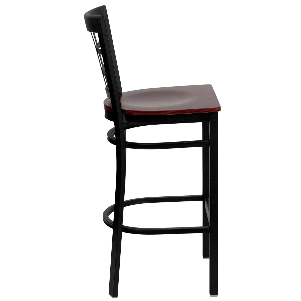 Mahogany Wood Seat/Black Metal Frame |#| Black Window Back Metal Restaurant Barstool - Mahogany Wood Seat