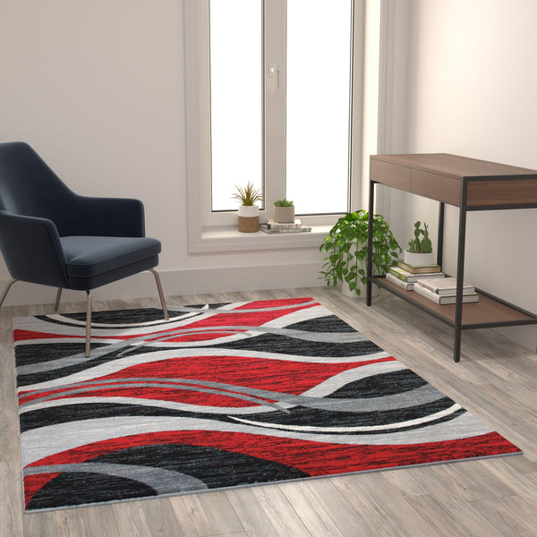 Red,5' x 7' |#| Modern Ripple Design Abstract Area Rug - Red, Black, White, & Gray - 5' x 7'