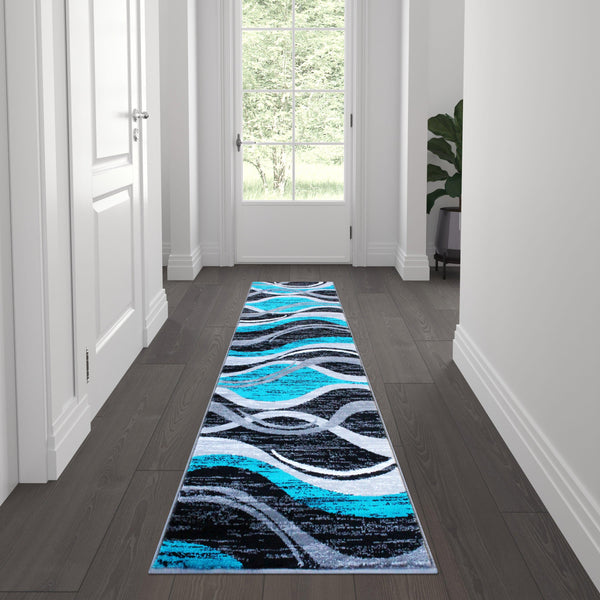 Turquoise,2' x 7' |#| Modern Ripple Abstract Area Rug - Turquoise, Black, White, & Gray - 2' x 7'