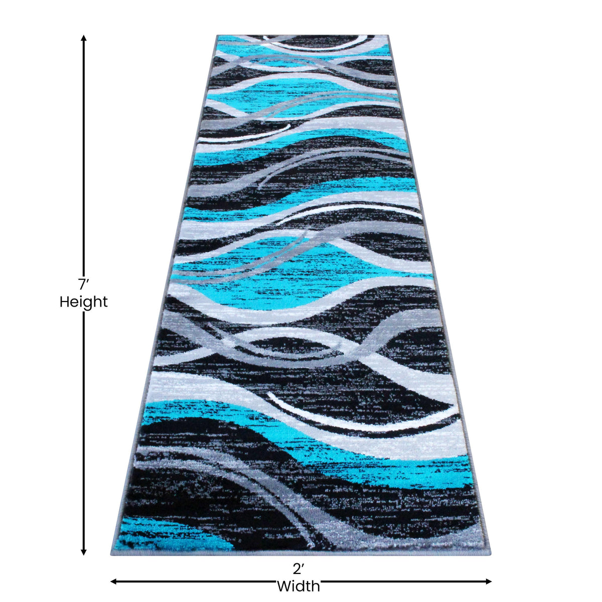 Turquoise,2' x 7' |#| Modern Ripple Abstract Area Rug - Turquoise, Black, White, & Gray - 2' x 7'