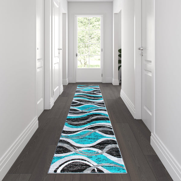 Turquoise,2' x 11' |#| Modern Ripple Abstract Area Rug - Turquoise, Black, White, & Gray - 2' x 11'