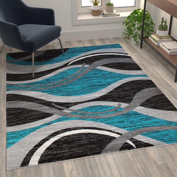 Turquoise,5' x 7' |#| Modern Ripple Abstract Area Rug - Turquoise, Black, White, & Gray - 5' x 7'
