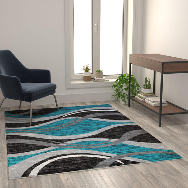 Turquoise,5' x 7' |#| Modern Ripple Abstract Area Rug - Turquoise, Black, White, & Gray - 5' x 7'