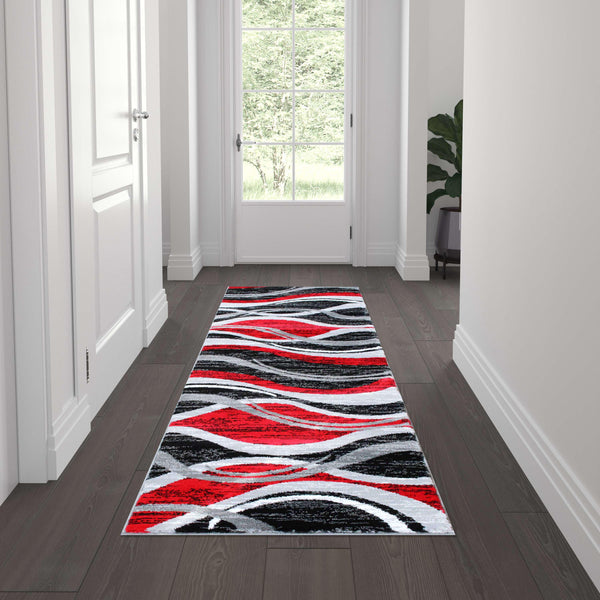 Red,2' x 7' |#| Modern Ripple Design Abstract Area Rug - Red, Black, White, & Gray - 2' x 7'