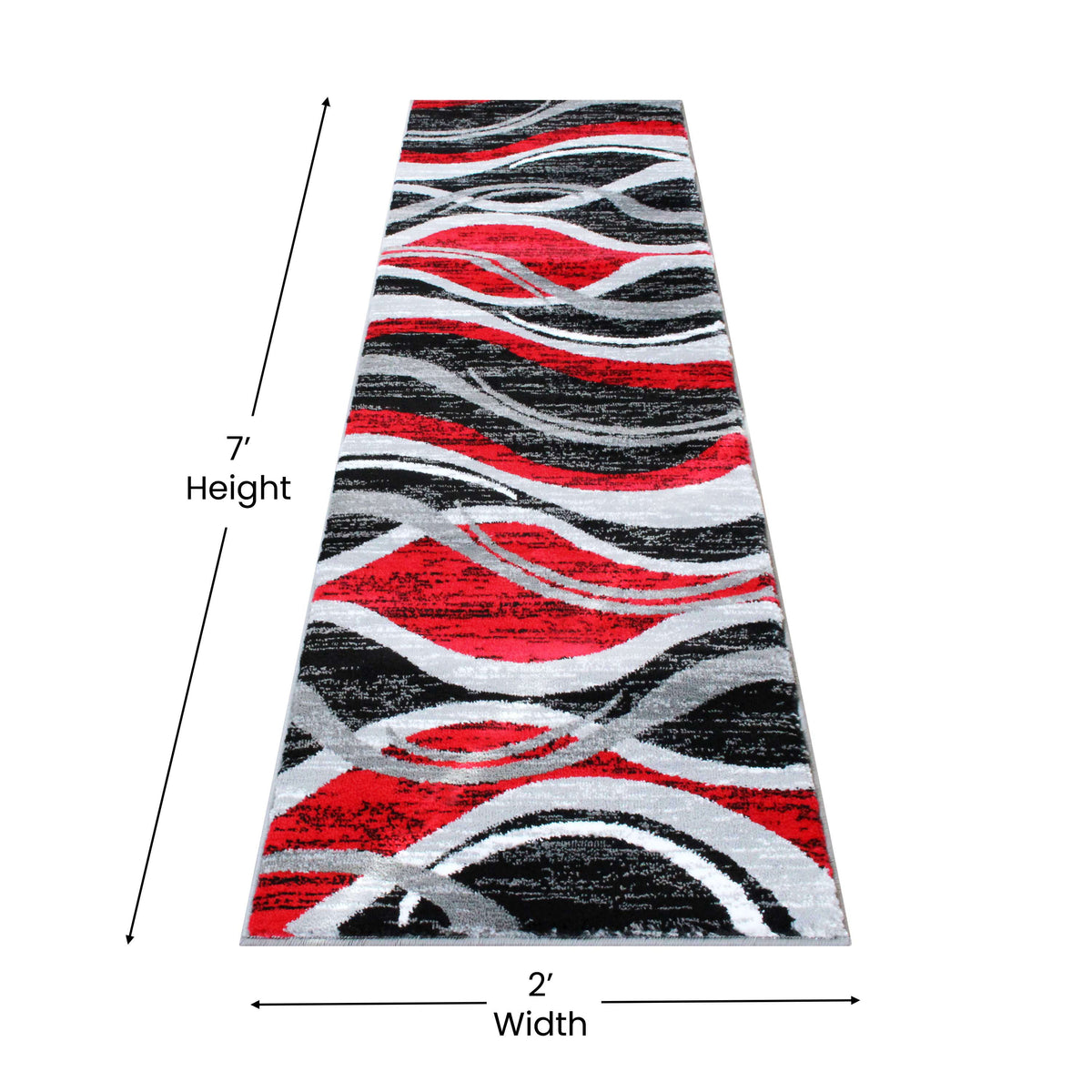 Red,2' x 7' |#| Modern Ripple Design Abstract Area Rug - Red, Black, White, & Gray - 2' x 7'