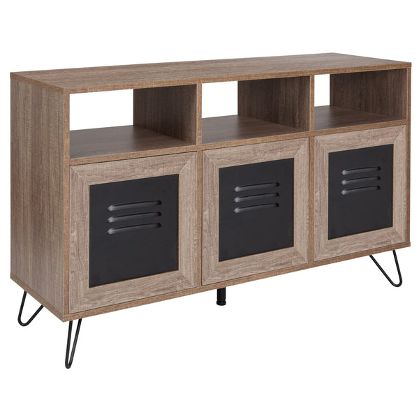 44inchW 3 Shelf Storage Console/Cabinet with Metal Doors in Rustic Wood Finish