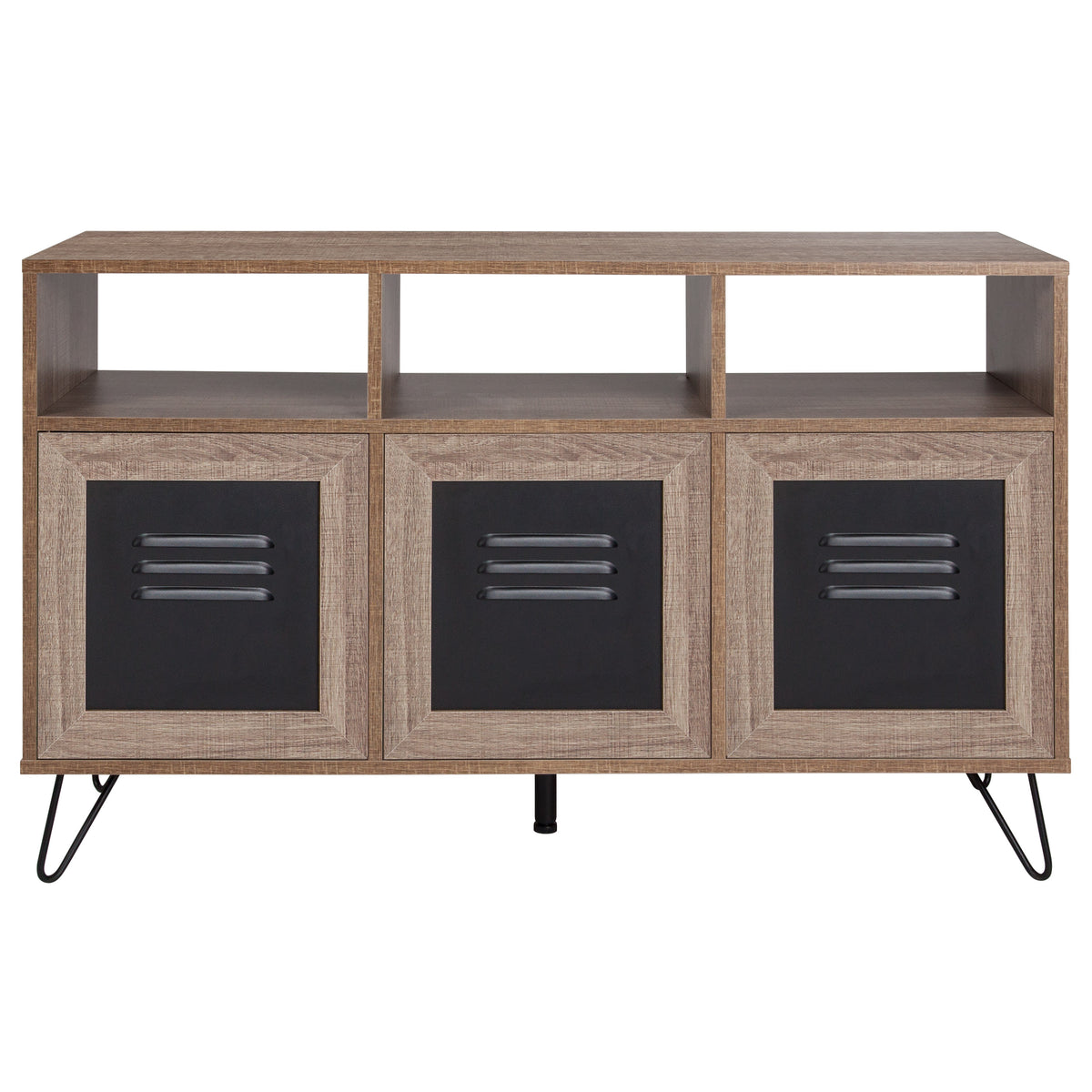 44inchW 3 Shelf Storage Console/Cabinet with Metal Doors in Rustic Wood Finish