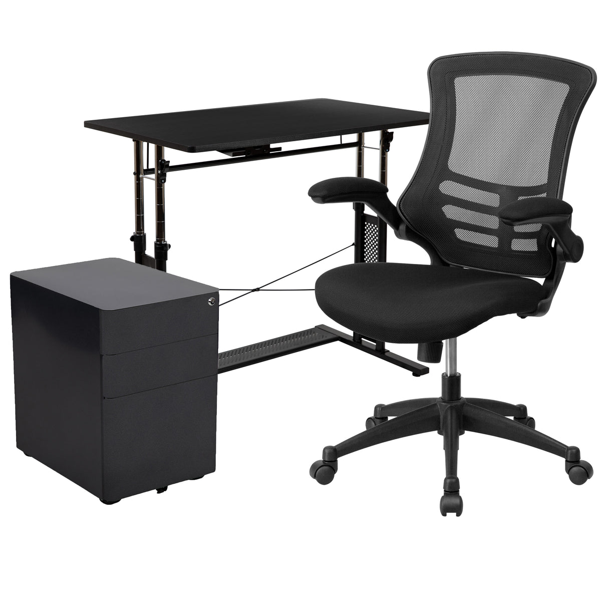 3PC Office Set-Adjustable Desk, Ergonomic Mesh Office Chair, Filing Cabinet