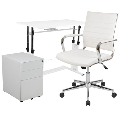 Work From Home Kit - Adjustable Computer Desk, LeatherSoft Office Chair and Side Handle Locking Mobile Filing Cabinet