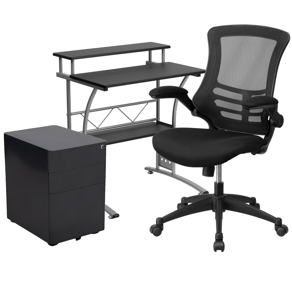 3PC Office Set-Computer Desk, Ergonomic Mesh Office Chair, Mobile Filing Cabinet