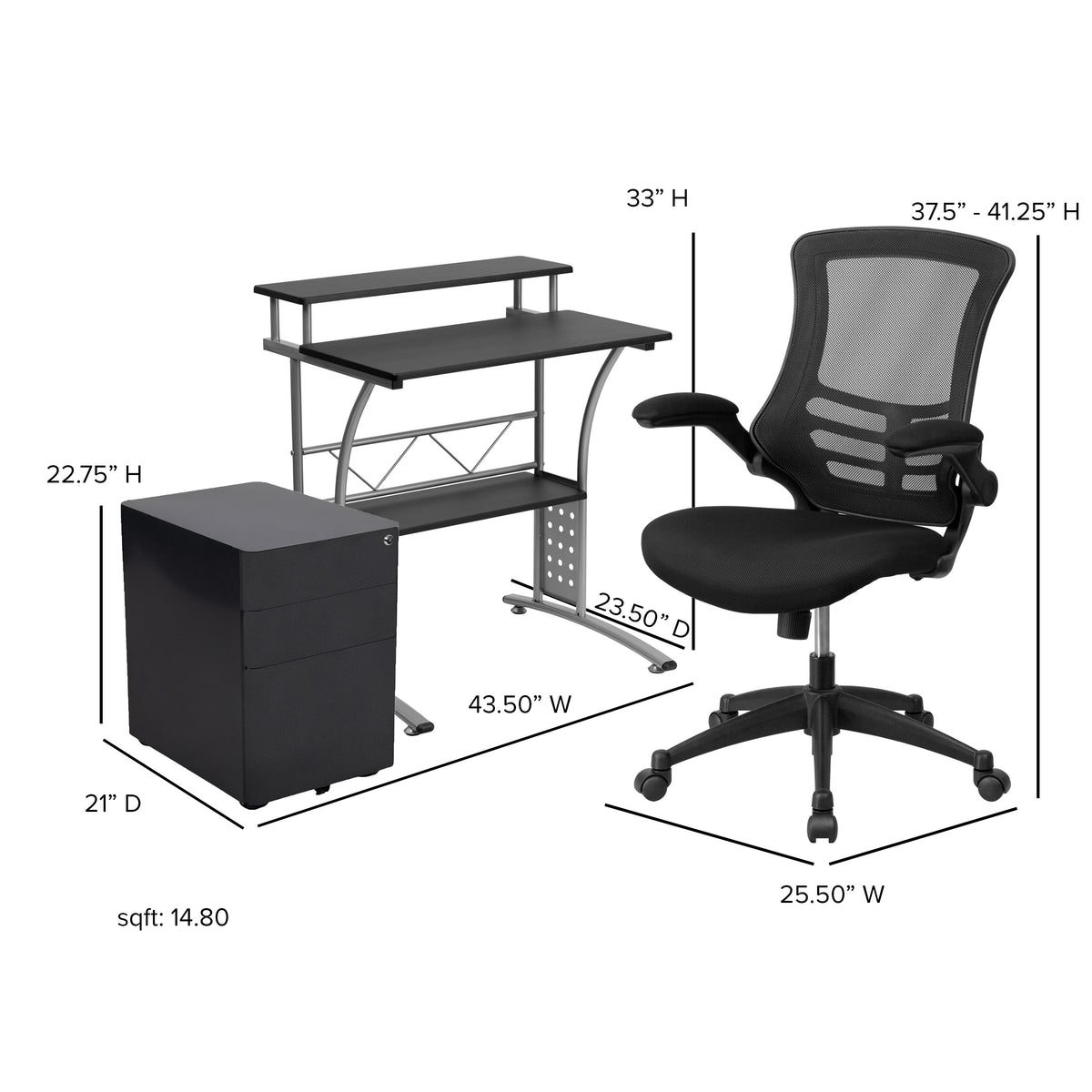 3PC Office Set-Computer Desk, Ergonomic Mesh Office Chair, Mobile Filing Cabinet