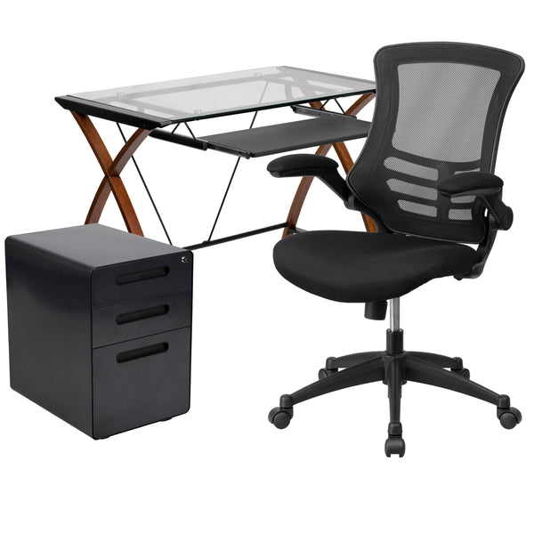 3PC Office Set-Glass Computer Desk, Ergonomic Mesh Office Chair, Filing Cabinet