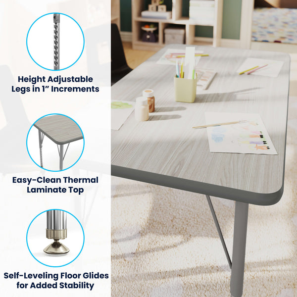 Light Gray Top/Silver Frame |#| Commercial Adjustable Height Rectangular Activity Table with Short Legs in LTGY