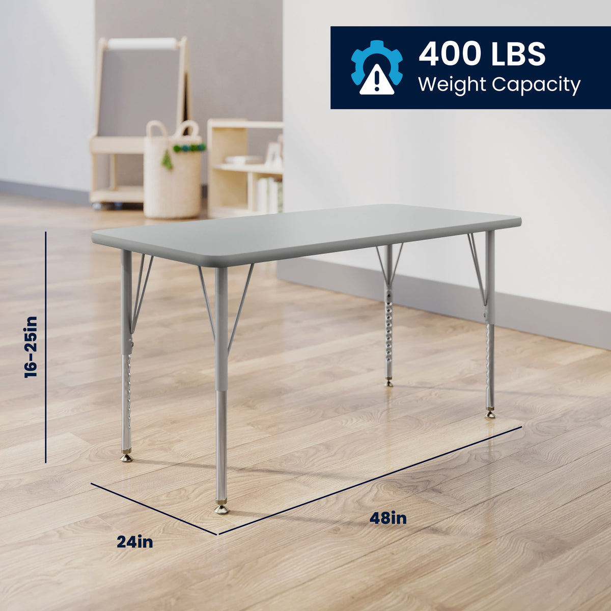 Gray Top/Silver Frame |#| Commercial Adjustable Height Rectangular Activity Table with Short Legs in Gray