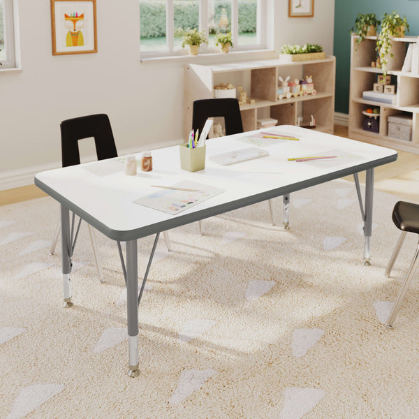 White Top/Silver Frame |#| Commercial Adjustable Height Rectangular Activity Table with Short Legs in White