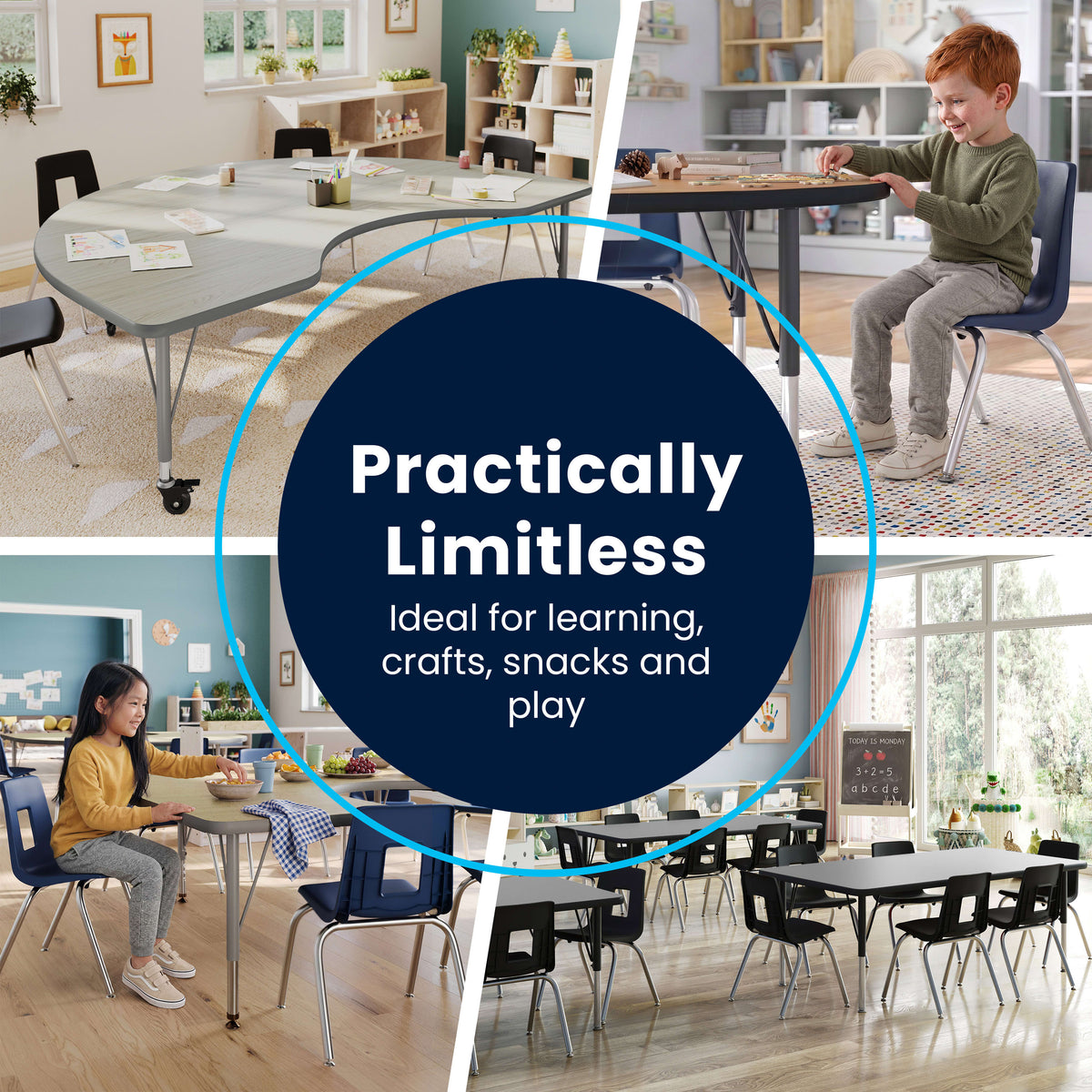 White Top/Silver Frame |#| Commercial Adjustable Height Rectangular Activity Table with Short Legs in White