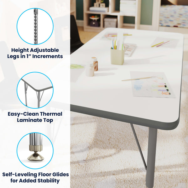 White Top/Silver Frame |#| Commercial Adjustable Height Rectangular Activity Table with Short Legs in White