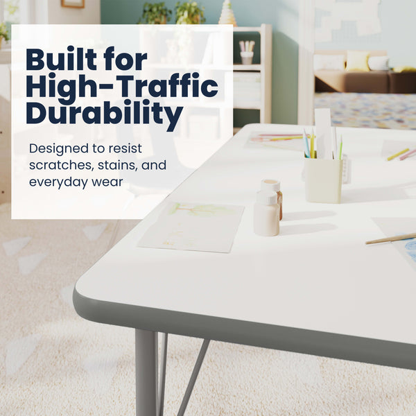 White Top/Silver Frame |#| Commercial Adjustable Height Rectangular Activity Table with Short Legs in White