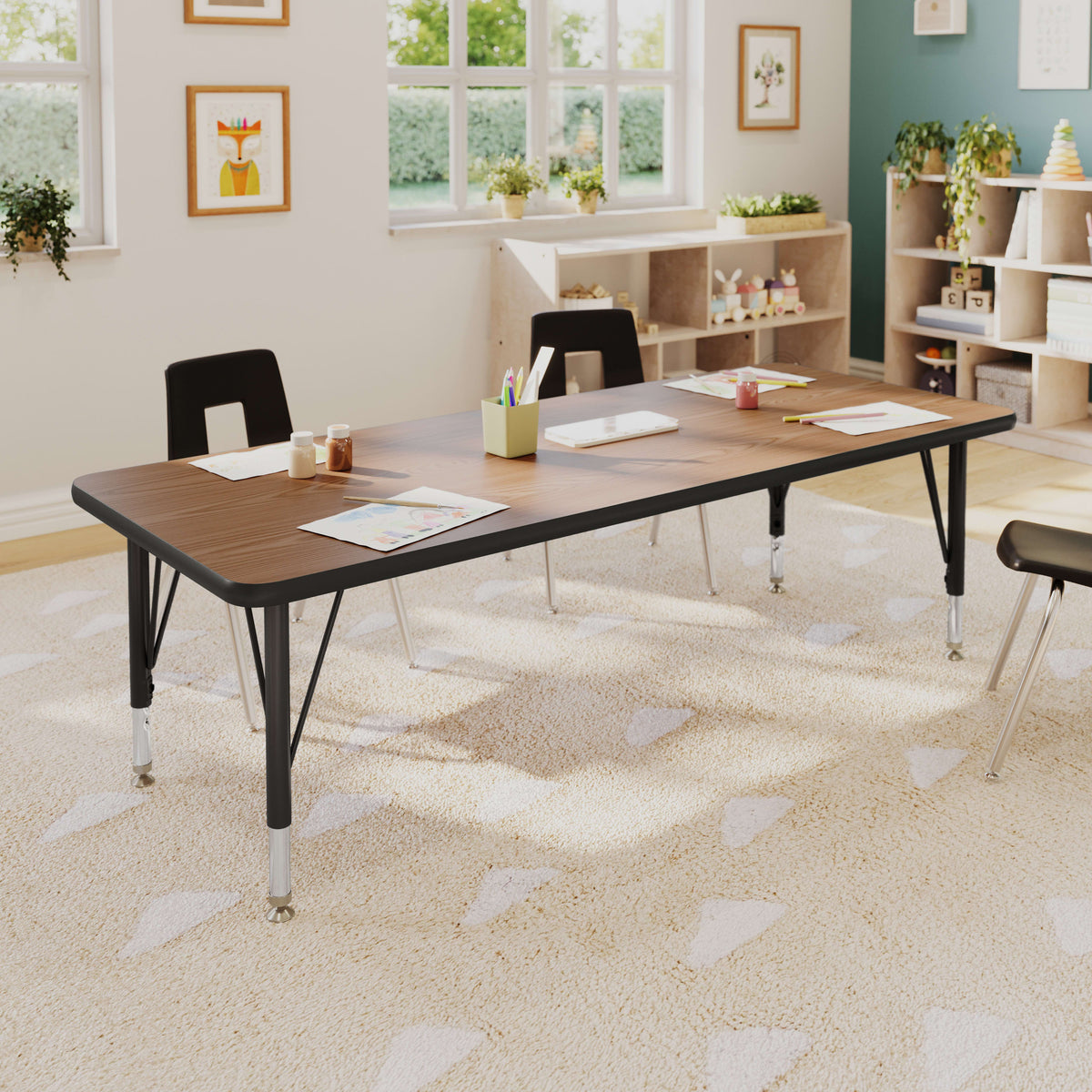 Oak Top/Black Frame |#| Commercial Adjustable Height Rectangular Activity Table with Short Legs in Oak