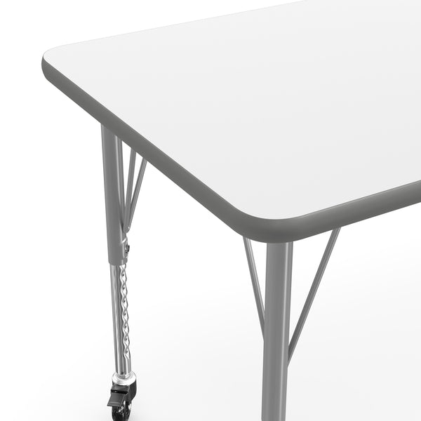White Top/Silver Frame |#| Commercial Adjustable Height Rectangular Activity Table - Locking Casters-White