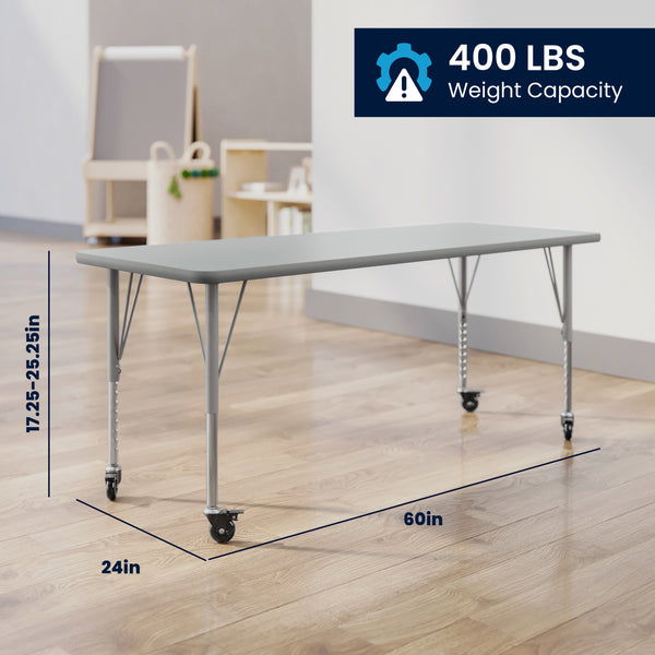 Gray Top/Silver Frame |#| Commercial Adjustable Height Rectangular Activity Table - Locking Casters-Gray